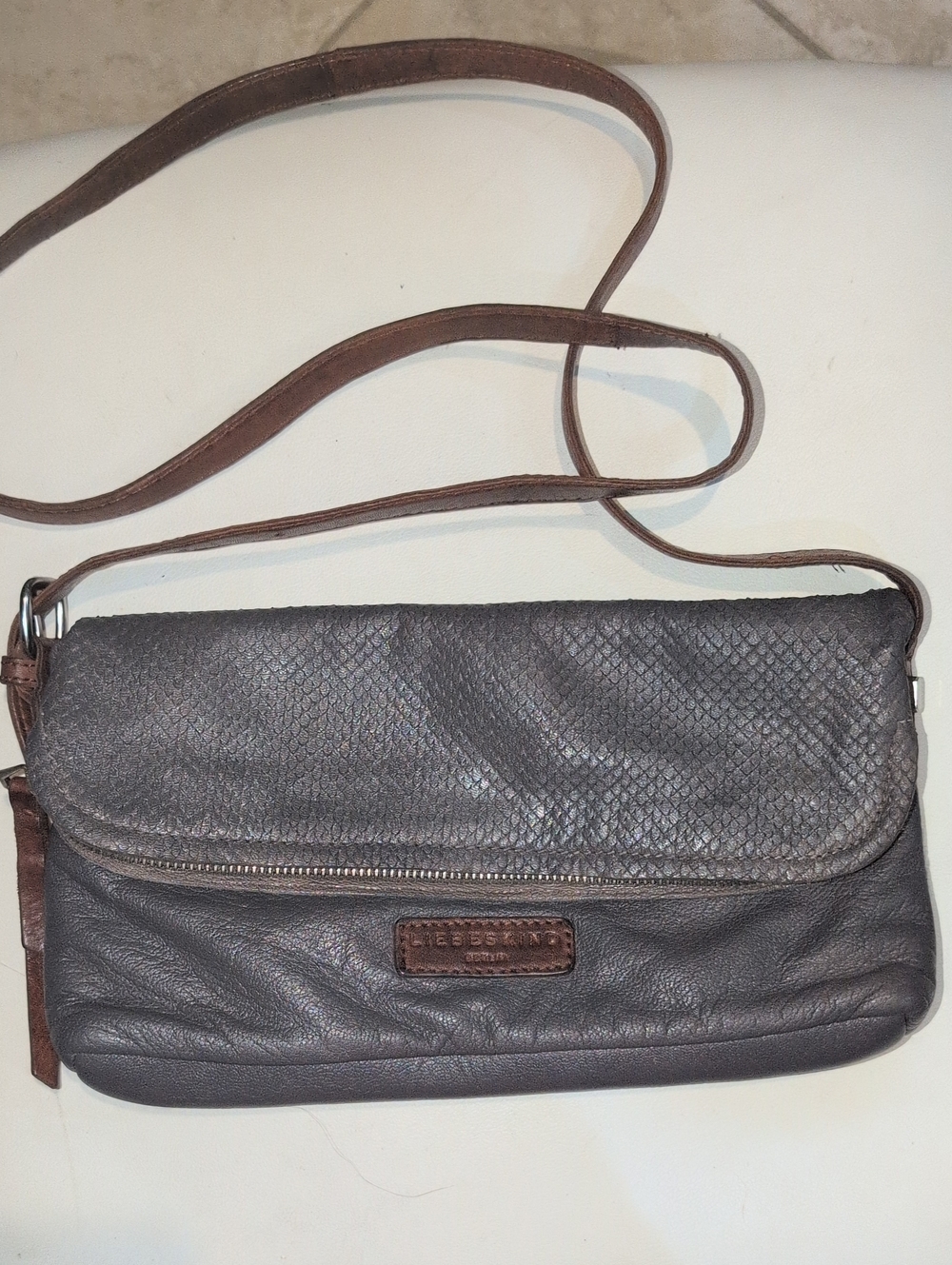 Liebeskind Berlin Textured Foldover Leather Crossbody Bag In Gray